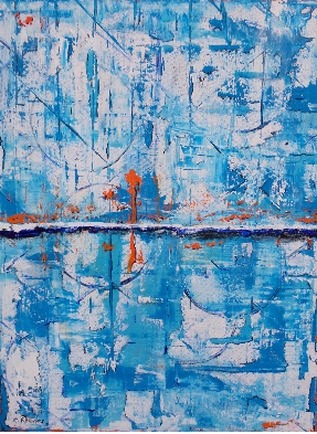 blue, orange and white abstract painting for sale